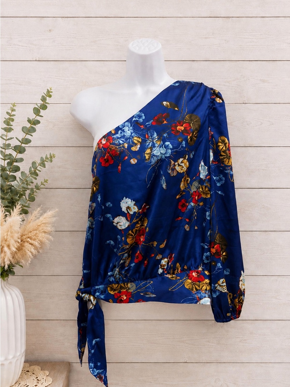 I.N.C - One-Shoulder Blue Floral Satin Blouse- NWOT